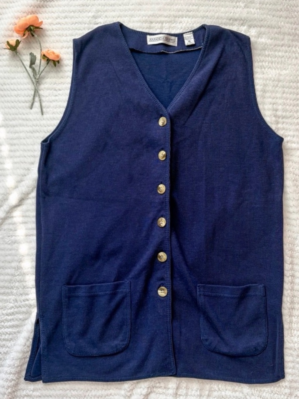 Knit Navy Vest Button Up Cotton Blend Size M Vintage Amanda Smith Casual Top